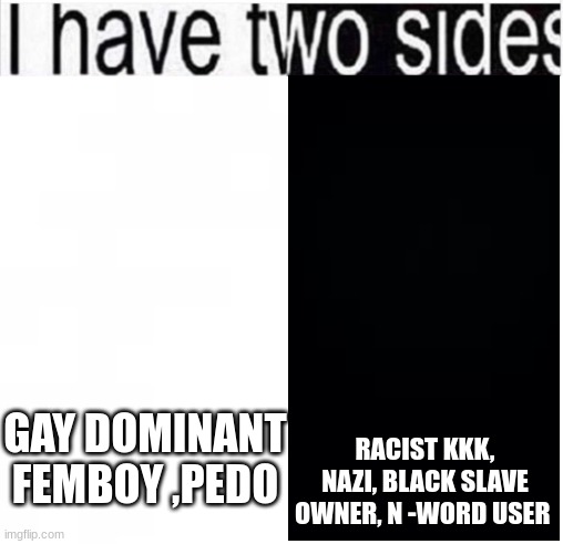true | RACIST KKK, NAZI, BLACK SLAVE OWNER, N -WORD USER; GAY DOMINANT FEMBOY ,PEDO | made w/ Imgflip meme maker