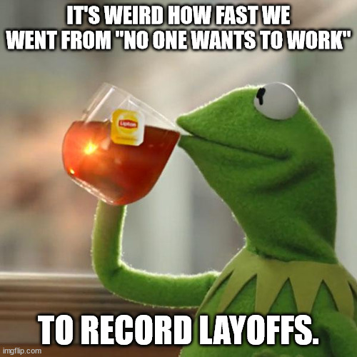 But That's None Of My Business | IT'S WEIRD HOW FAST WE WENT FROM "NO ONE WANTS TO WORK"; TO RECORD LAYOFFS. | image tagged in memes,but that's none of my business,kermit the frog | made w/ Imgflip meme maker
