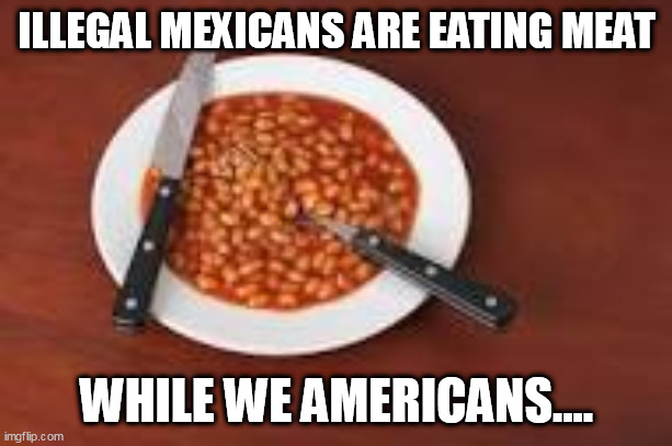 beans | ILLEGAL MEXICANS ARE EATING MEAT; WHILE WE AMERICANS.... | image tagged in beans | made w/ Imgflip meme maker