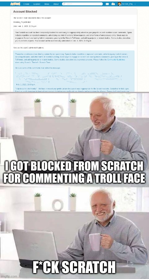 screw the scratch team | I GOT BLOCKED FROM SCRATCH FOR COMMENTING A TROLL FACE; F*CK SCRATCH | image tagged in memes,hide the pain harold,scratch | made w/ Imgflip meme maker