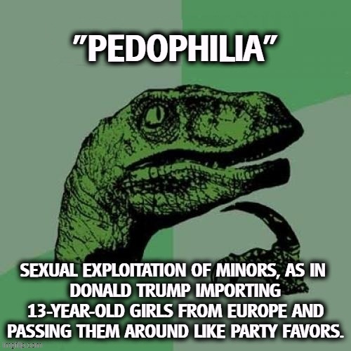 "Pedophilia" means Donald Trump and Matt Gaetz getting high school girlfriends when they're too damn old. | "PEDOPHILIA" | image tagged in memes,philosoraptor,pedophilia,only,republicans,perverts | made w/ Imgflip meme maker