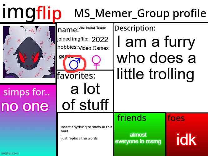 ello | Ultra_Instinct_Toaster; I am a furry who does a little trolling; 2022; Video Games; a lot of stuff; no one; idk; almost everyone in msmg | image tagged in msmg profile | made w/ Imgflip meme maker