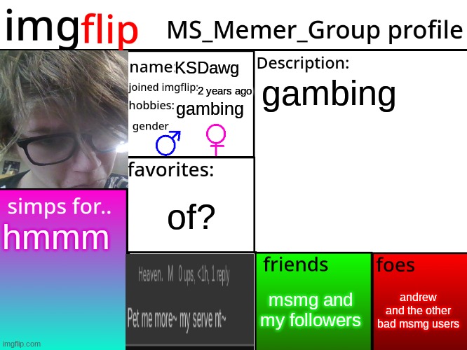 MSMG Profile | KSDawg; gambing; 2 years ago; gambing; of? hmmm; andrew and the other bad msmg users; msmg and my followers | image tagged in msmg profile | made w/ Imgflip meme maker