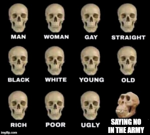 army | SAYING NO IN THE ARMY | image tagged in idiot skull,army | made w/ Imgflip meme maker