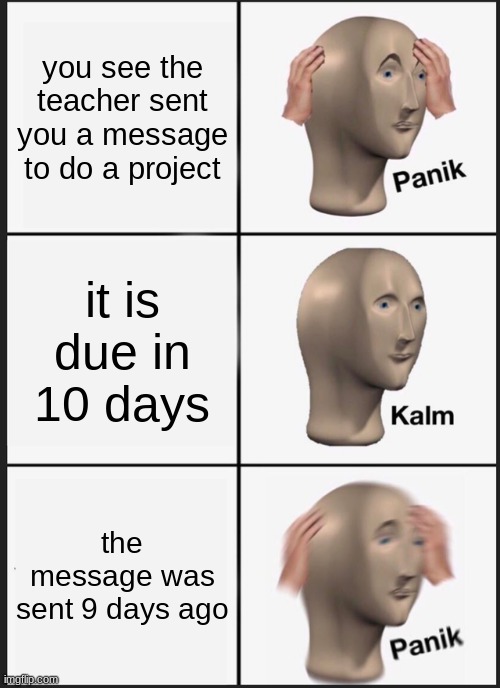 this happen to anybody else? | you see the teacher sent you a message to do a project; it is due in 10 days; the message was sent 9 days ago | image tagged in memes,panik kalm panik | made w/ Imgflip meme maker