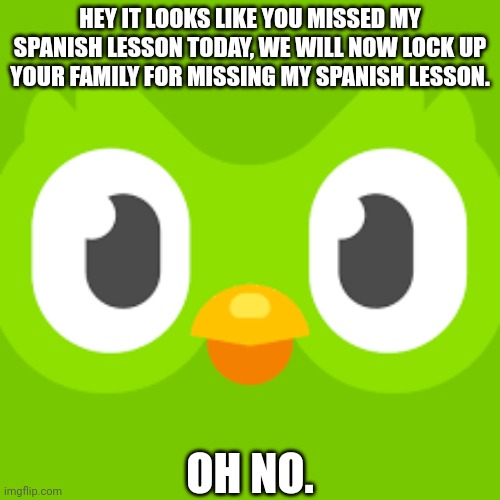 You missed the Spanish Lesson: | HEY IT LOOKS LIKE YOU MISSED MY SPANISH LESSON TODAY, WE WILL NOW LOCK UP YOUR FAMILY FOR MISSING MY SPANISH LESSON. OH NO. | image tagged in duolingo bird,duolingo,duolingo memes,memes | made w/ Imgflip meme maker