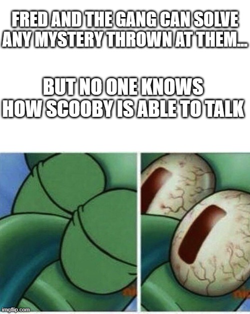 Wait a sec... | FRED AND THE GANG CAN SOLVE ANY MYSTERY THROWN AT THEM... BUT NO ONE KNOWS HOW SCOOBY IS ABLE TO TALK | image tagged in blank white template,squidward | made w/ Imgflip meme maker