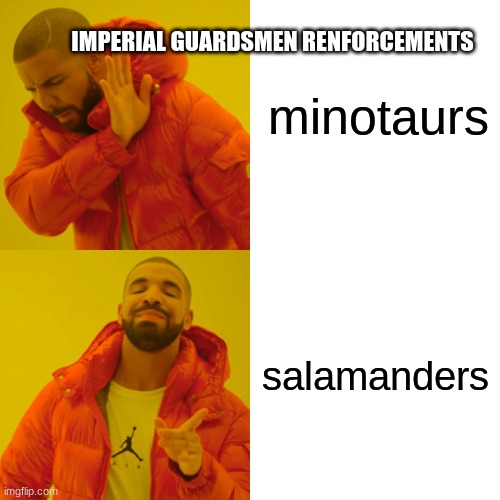 SALAMANDERS | minotaurs; IMPERIAL GUARDSMEN RENFORCEMENTS; salamanders | image tagged in memes,drake hotline bling | made w/ Imgflip meme maker