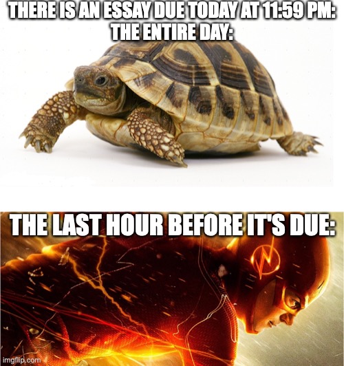 i really need to cut the habit of procrastinating... | THERE IS AN ESSAY DUE TODAY AT 11:59 PM:
THE ENTIRE DAY:; THE LAST HOUR BEFORE IT'S DUE: | image tagged in slow vs fast meme,procrastinate,procrastination,college life,relatable | made w/ Imgflip meme maker