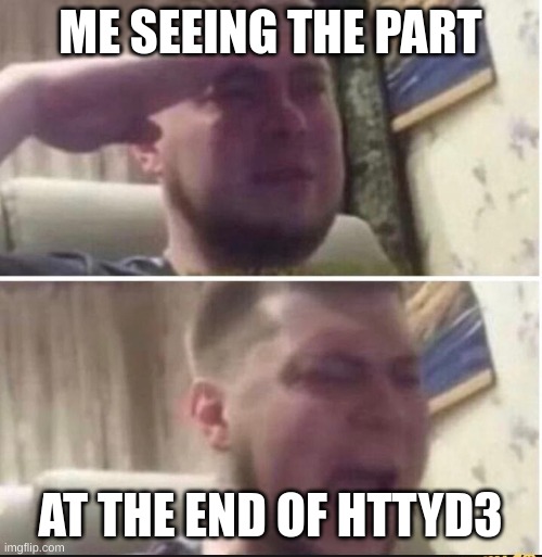 Crying salute | ME SEEING THE PART AT THE END OF HTTYD3 | image tagged in crying salute | made w/ Imgflip meme maker