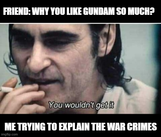 Explaining Gundam to friends | FRIEND: WHY YOU LIKE GUNDAM SO MUCH? ME TRYING TO EXPLAIN THE WAR CRIMES | image tagged in you wouldn't get it,gundam,fun | made w/ Imgflip meme maker
