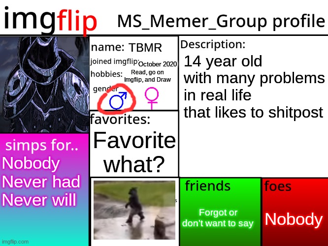 MSMG Profile | TBMR; 14 year old with many problems in real life that likes to shitpost; October 2020; Read, go on Imgflip, and Draw; Favorite what? Nobody
Never had
Never will; Nobody; Forgot or don't want to say | image tagged in msmg profile | made w/ Imgflip meme maker