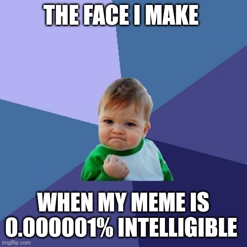 The face I make when my meme is intelligible | THE FACE I MAKE; WHEN MY MEME IS 0.000001% INTELLIGIBLE | image tagged in memes,success kid | made w/ Imgflip meme maker