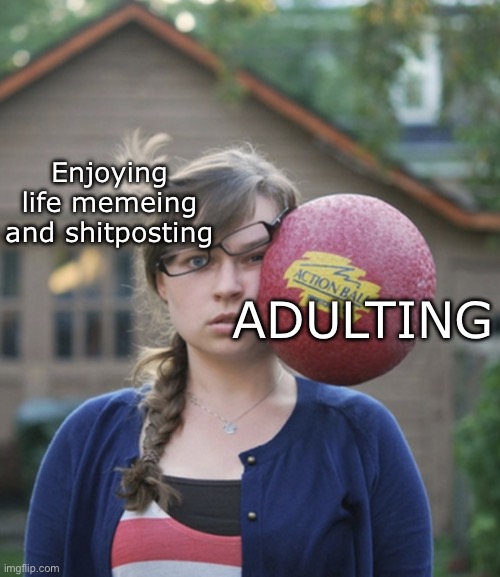 Adulting sucks, give me memes and shizposts | Enjoying life memeing and shitposting; ADULTING | image tagged in hit in head with ball,memes,adulting | made w/ Imgflip meme maker