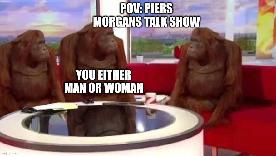 where monkey | POV: PIERS MORGANS TALK SHOW; YOU EITHER MAN OR WOMAN | image tagged in where monkey | made w/ Imgflip meme maker
