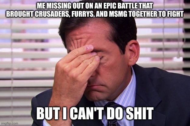 I hate karma. | ME MISSING OUT ON AN EPIC BATTLE THAT BROUGHT CRUSADERS, FURRYS, AND MSMG TOGETHER TO FIGHT; BUT I CAN'T DO SHIT | image tagged in office facepalm | made w/ Imgflip meme maker