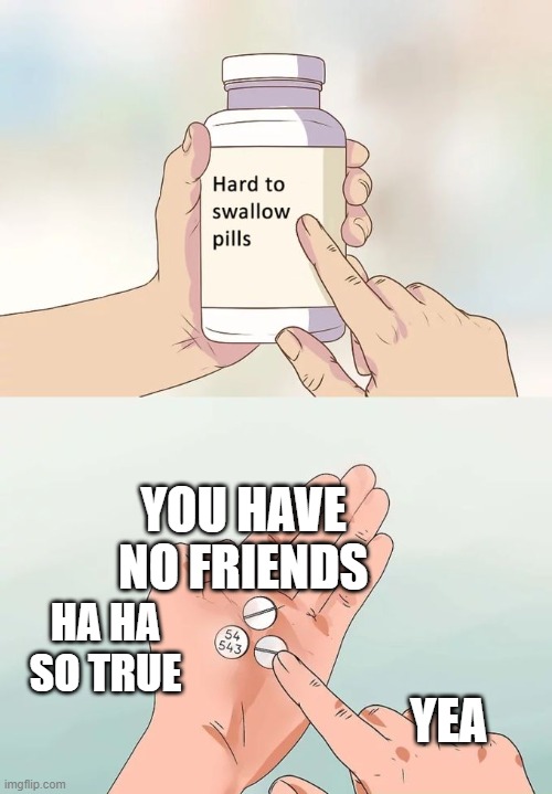 dont listen | YOU HAVE NO FRIENDS; HA HA SO TRUE; YEA | image tagged in memes,hard to swallow pills | made w/ Imgflip meme maker