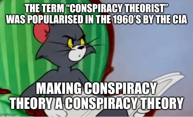 Tom reading newspaper | THE TERM “CONSPIRACY THEORIST” WAS POPULARISED IN THE 1960’S BY THE CIA; MAKING CONSPIRACY THEORY A CONSPIRACY THEORY | image tagged in tom reading newspaper | made w/ Imgflip meme maker