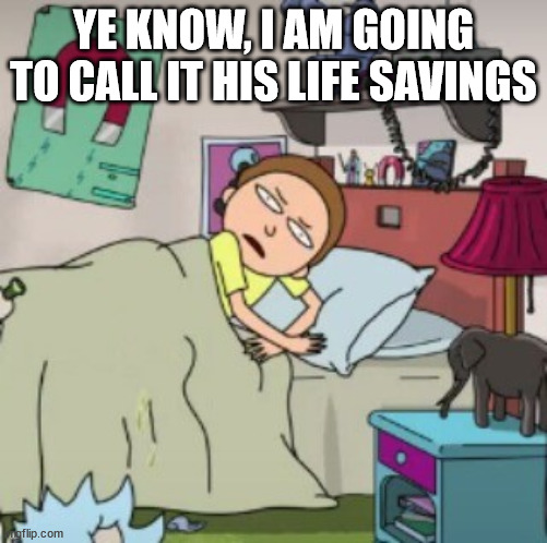 Morty bedtime realisation | YE KNOW, I AM GOING TO CALL IT HIS LIFE SAVINGS | image tagged in morty bedtime realisation | made w/ Imgflip meme maker