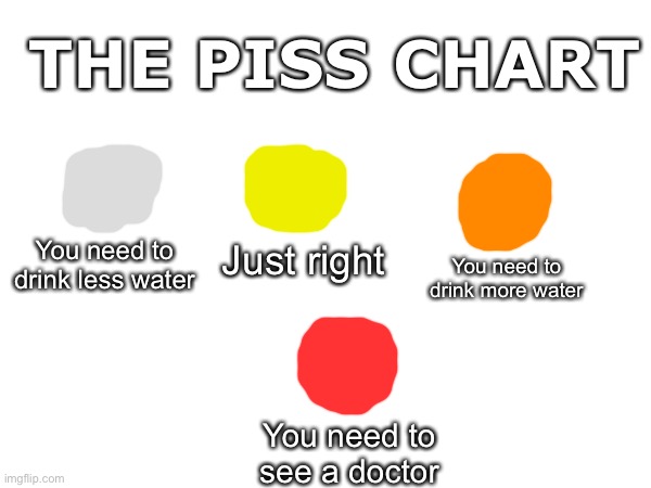 THE PISS CHART; Just right; You need to drink more water; You need to drink less water; You need to see a doctor | made w/ Imgflip meme maker