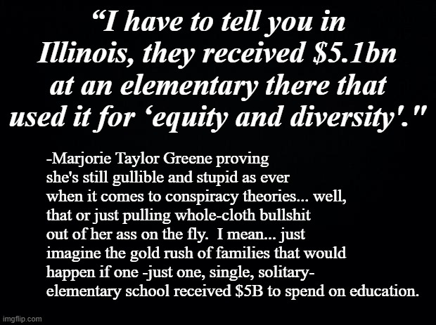 And this is who's wielding power in Congress now... SMDH | “I have to tell you in Illinois, they received $5.1bn at an elementary there that used it for ‘equity and diversity'."; -Marjorie Taylor Greene proving she's still gullible and stupid as ever when it comes to conspiracy theories... well, that or just pulling whole-cloth bullshit out of her ass on the fly.  I mean... just imagine the gold rush of families that would happen if one -just one, single, solitary- elementary school received $5B to spend on education. | image tagged in mtg is an idiot,conspiracy theories,dumbass | made w/ Imgflip meme maker