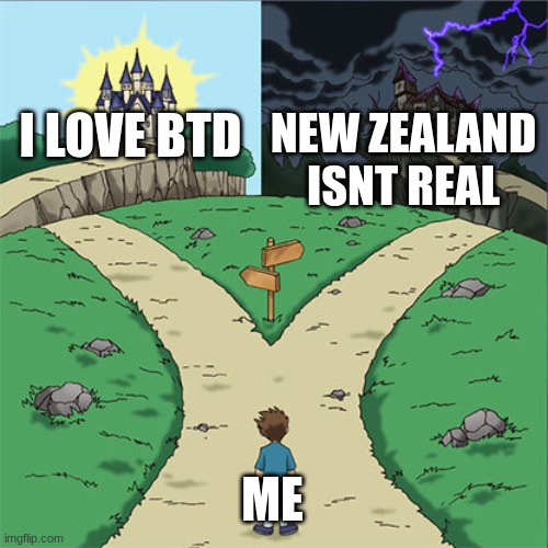 Two Paths | NEW ZEALAND ISNT REAL; I LOVE BTD; ME | image tagged in two paths | made w/ Imgflip meme maker