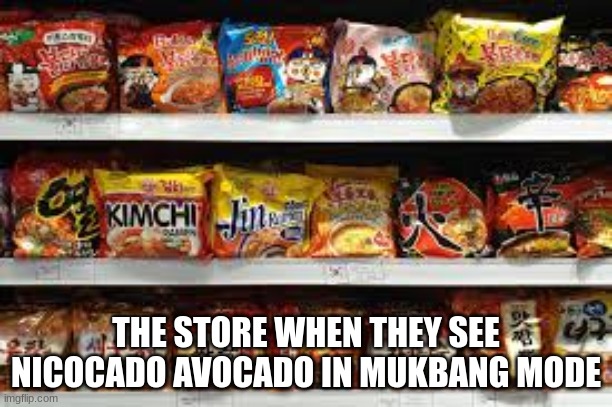 noodle | THE STORE WHEN THEY SEE NICOCADO AVOCADO IN MUKBANG MODE | image tagged in nicocado | made w/ Imgflip meme maker