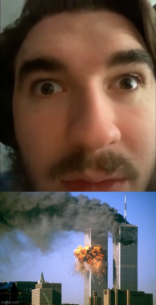 image tagged in jschlatt stare,911 9/11 twin towers impact | made w/ Imgflip meme maker