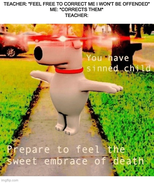 Teachers | TEACHER: "FEEL FREE TO CORRECT ME I WON'T BE OFFENDED"
ME: *CORRECTS THEM*
TEACHER: | image tagged in you have sinned child prepare to feel the sweet embrace of death,memes,funny | made w/ Imgflip meme maker