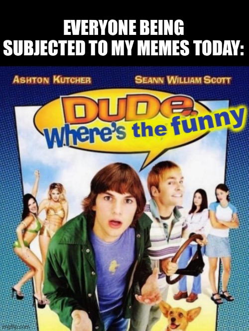 Day of stupid memes | EVERYONE BEING SUBJECTED TO MY MEMES TODAY: | image tagged in dude where's the funny | made w/ Imgflip meme maker
