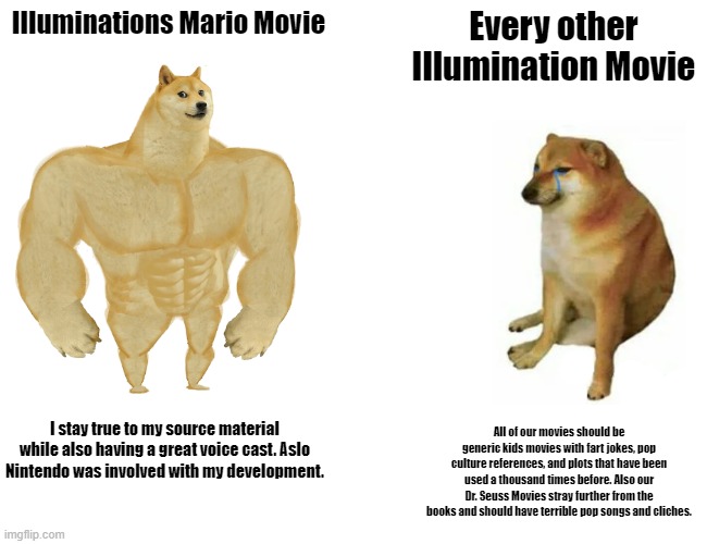 Mario Movie vs Every other Illumination Movie | Illuminations Mario Movie; Every other Illumination Movie; I stay true to my source material while also having a great voice cast. Aslo Nintendo was involved with my development. All of our movies should be generic kids movies with fart jokes, pop culture references, and plots that have been used a thousand times before. Also our Dr. Seuss Movies stray further from the books and should have terrible pop songs and cliches. | image tagged in memes,buff doge vs cheems | made w/ Imgflip meme maker