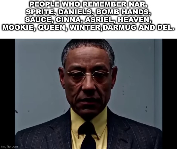 i remember (If you remember, you are a chad) | PEOPLE WHO REMEMBER NAR, SPRITE, DANIELS, BOMB HANDS, SAUCE, CINNA, ASRIEL, HEAVEN, MOOKIE, QUEEN, WINTER,DARMUG AND DEL. | image tagged in gus fring flashback | made w/ Imgflip meme maker