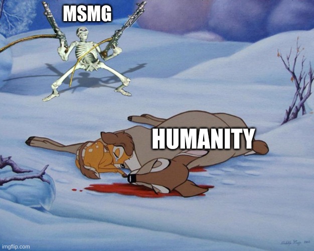 true | MSMG; HUMANITY | image tagged in skeleton with guns and bambi | made w/ Imgflip meme maker