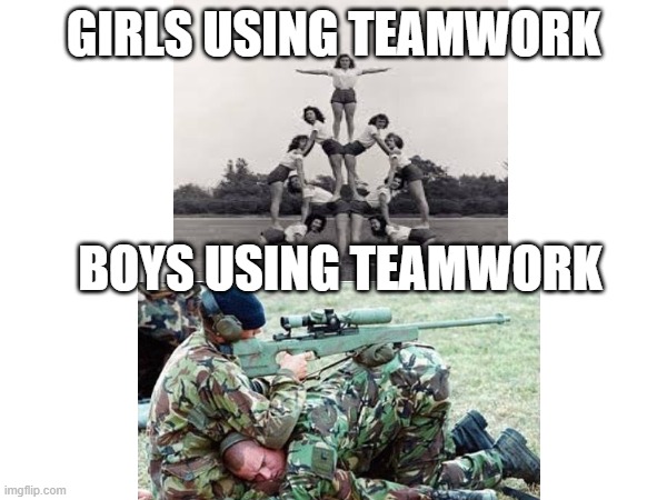 GIRLS USING TEAMWORK; BOYS USING TEAMWORK | image tagged in boys vs girls | made w/ Imgflip meme maker