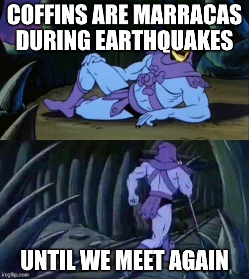 skeletor | COFFINS ARE MARRACAS DURING EARTHQUAKES; UNTIL WE MEET AGAIN | image tagged in skeletor disturbing facts | made w/ Imgflip meme maker