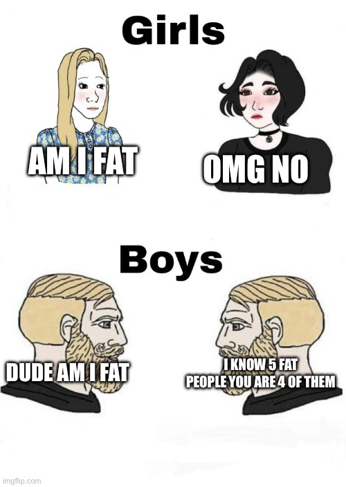 Boys be like | OMG NO; AM I FAT; I KNOW 5 FAT PEOPLE YOU ARE 4 OF THEM; DUDE AM I FAT | image tagged in boys v girls,fat | made w/ Imgflip meme maker
