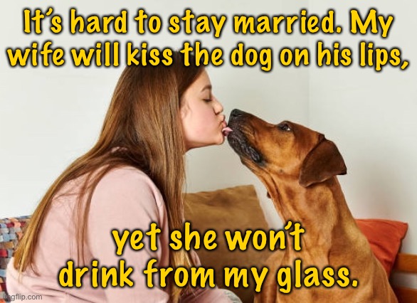 Staying married | It’s hard to stay married. My wife will kiss the dog on his lips, yet she won’t drink from my glass. | image tagged in me my wife and dog,wife kiss dog on lips,she would not,dring from my glass | made w/ Imgflip meme maker