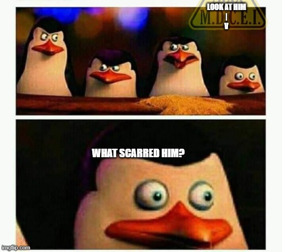 seriously what scarred him??? | LOOK AT HIM
|
V; WHAT SCARRED HIM? | image tagged in penguins of madagascar - oh crap | made w/ Imgflip meme maker