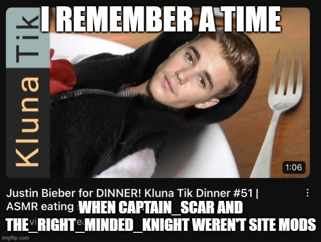 There was also the furret apocalypse | I REMEMBER A TIME; WHEN CAPTAIN_SCAR AND THE_RIGHT_MINDED_KNIGHT WEREN'T SITE MODS | image tagged in justin bieber for dinner | made w/ Imgflip meme maker
