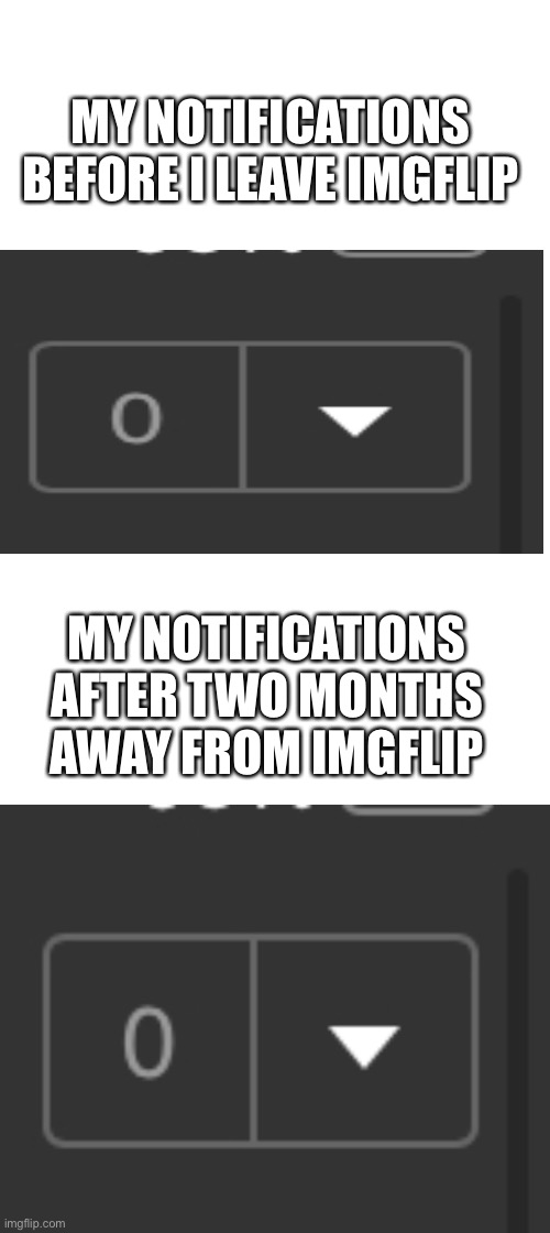 Notifications | MY NOTIFICATIONS BEFORE I LEAVE IMGFLIP; MY NOTIFICATIONS AFTER TWO MONTHS AWAY FROM IMGFLIP | image tagged in notifications,imgflip | made w/ Imgflip meme maker
