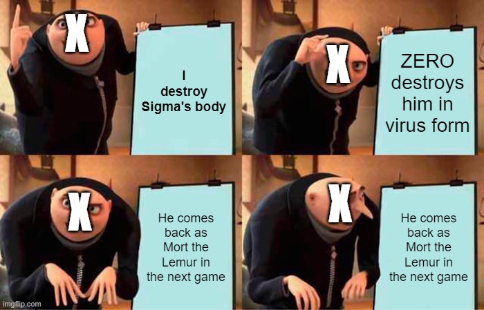 Gru's Plan Meme | X; I destroy Sigma's body; X; ZERO destroys him in virus form; X; X; He comes back as Mort the Lemur in the next game; He comes back as Mort the Lemur in the next game | image tagged in memes,gru's plan | made w/ Imgflip meme maker