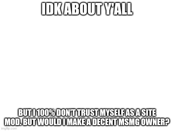 IDK ABOUT Y'ALL; BUT I 100% DON'T TRUST MYSELF AS A SITE MOD. BUT WOULD I MAKE A DECENT MSMG OWNER? | made w/ Imgflip meme maker