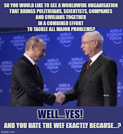Conspiracy theorists are often very confused people | SO YOU WOULD LIKE TO SEE A WORLDWIDE ORGANISATION 
THAT BRINGS POLITICIANS, SCIENTISTS, COMPANIES 
AND CIVILIANS TOGETHER 
IN A COMBINED EFFORT 
TO TACKLE ALL MAJOR PROBLEMS? WELL...YES! AND YOU HATE THE WEF EXACTLY BECAUSE...? | image tagged in conspiracy theory,world economic forum,klaus schwab,vladimir putin,think about it | made w/ Imgflip meme maker