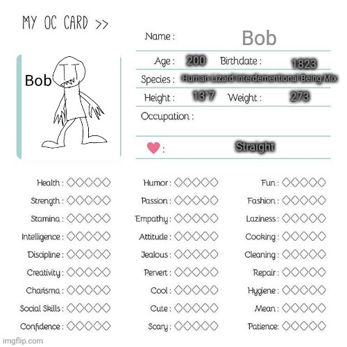 Oops | Bob; 200; 1823; Human Lizard Interdementional Being Mix; 13"7; 273; Straight | image tagged in oc card not made by me | made w/ Imgflip meme maker