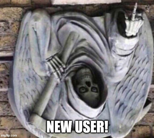 Pointing Death | NEW USER! | image tagged in pointing death | made w/ Imgflip meme maker