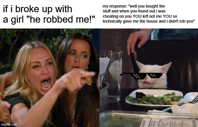 Woman Yelling At Cat | if i broke up with a girl "he robbed me!"; my response: "well you bought the stuff and when you found out i was cheating on you YOU left not me YOU so technically gave me the house and i didn't rob you" | image tagged in memes,woman yelling at cat | made w/ Imgflip meme maker