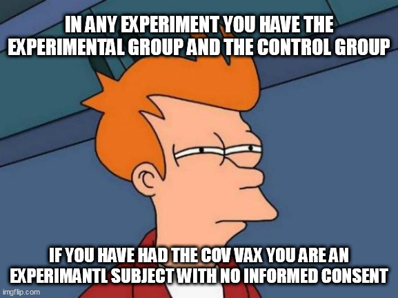 Futurama Fry Meme | IN ANY EXPERIMENT YOU HAVE THE EXPERIMENTAL GROUP AND THE CONTROL GROUP; IF YOU HAVE HAD THE COV VAX YOU ARE AN EXPERIMANTL SUBJECT WITH NO INFORMED CONSENT | image tagged in memes,futurama fry | made w/ Imgflip meme maker