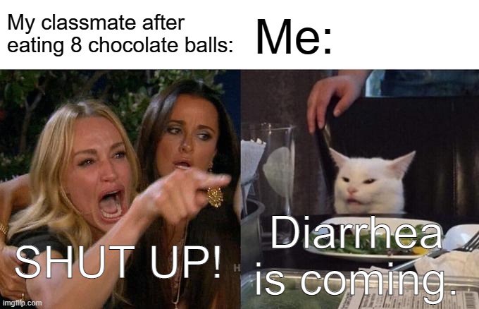 Happened Once... | My classmate after eating 8 chocolate balls:; Me:; Diarrhea is coming. SHUT UP! | image tagged in memes,woman yelling at cat,funny,diarrhea | made w/ Imgflip meme maker