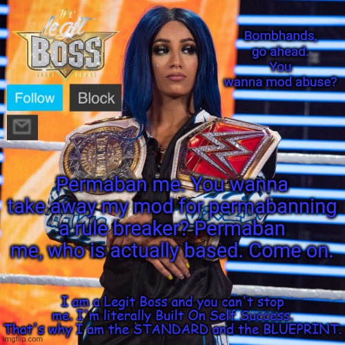 I'm waiting for the ban | Bombhands, go ahead. You wanna mod abuse? Permaban me. You wanna take away my mod for permabanning a rule breaker? Permaban me, who is actually based. Come on. | image tagged in sasha banks template v2 | made w/ Imgflip meme maker