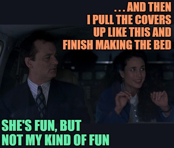 Groundhog Day Fun | . . . AND THEN I PULL THE COVERS UP LIKE THIS AND FINISH MAKING THE BED; SHE'S FUN, BUT NOT MY KIND OF FUN | image tagged in groundhog day phil and rita,making the bed,movies,housework,humor,funny | made w/ Imgflip meme maker